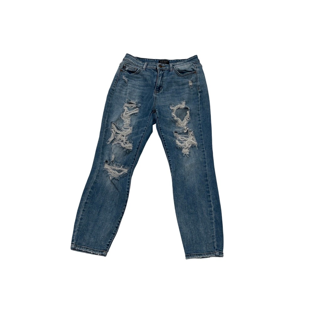 Judy Blue Distressed Boyfriend Jeans Mid Rise Relaxed Fit Blue Size 9/29